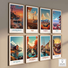 Laguna Beach California Sunset Art Print | Vibrant Coastal Poster - Eight vibrant city art prints on display.