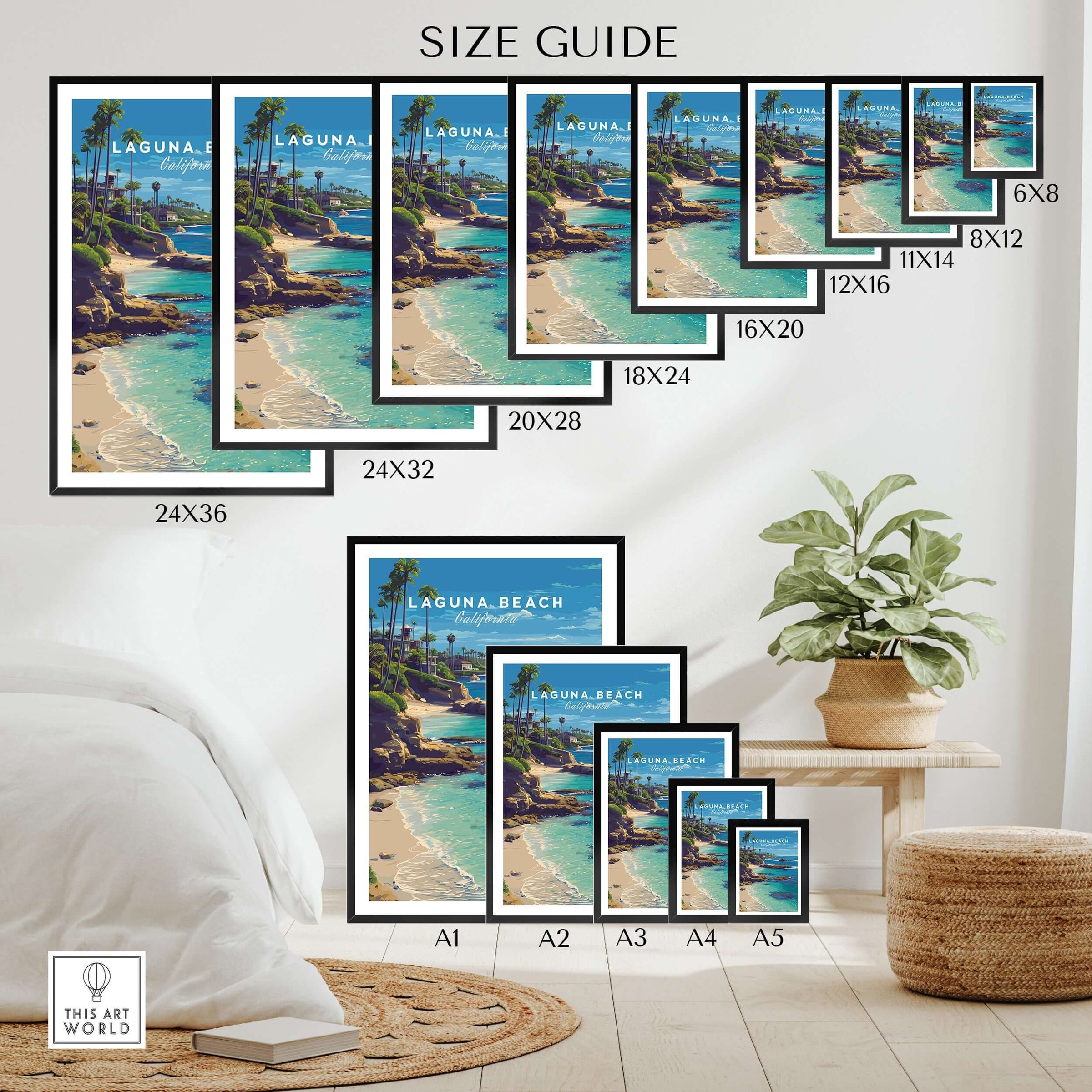 Laguna Beach Print | Southern California Wall Art size guide displaying various frame sizes on a stylish interior background.