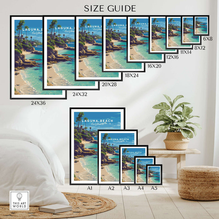Laguna Beach Print | Southern California Wall Art size guide with various frame sizes displayed.