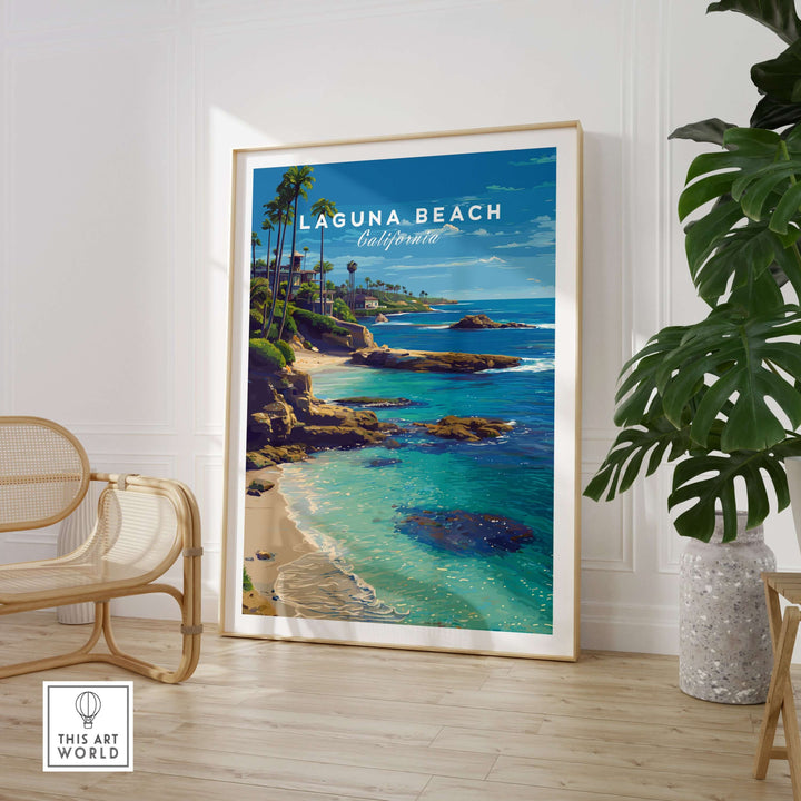 Laguna Beach Print | Southern California Wall Art showcasing a vibrant coastal scene with palm trees and ocean waves.