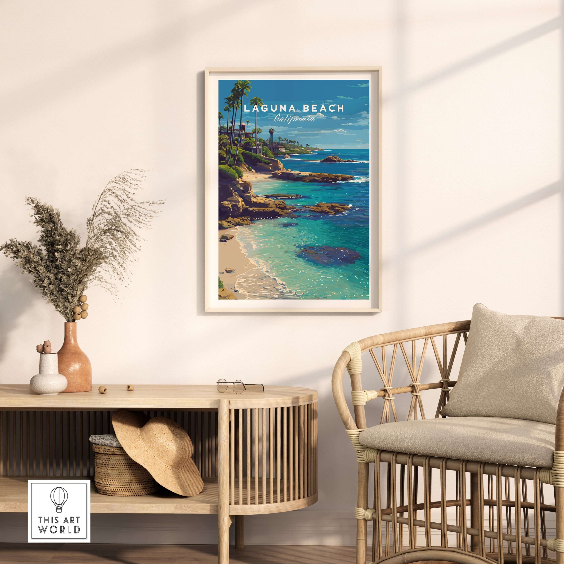 Laguna Beach Print | Southern California Wall Art in a stylish living room setting with coastal decor.