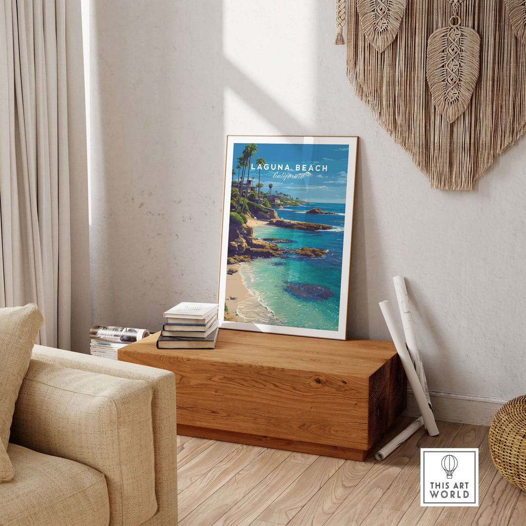 Laguna Beach Print | Southern California Wall Art displayed in a cozy living room beside a wooden bench.