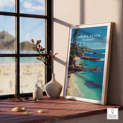 Laguna Beach Print | Southern California Wall Art displayed in a bright room, showcasing the beautiful coastline and beach.