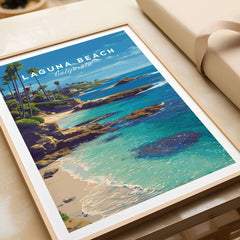 Laguna Beach Print | Southern California Wall Art featuring vibrant coastline and palm trees in a framed design.