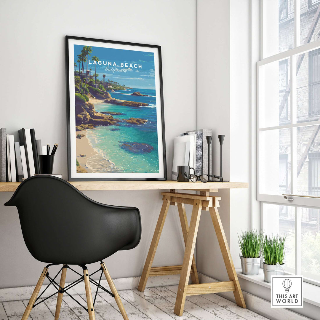 Laguna Beach Print | Southern California Wall Art displayed in a stylish home office setting with coastal view.