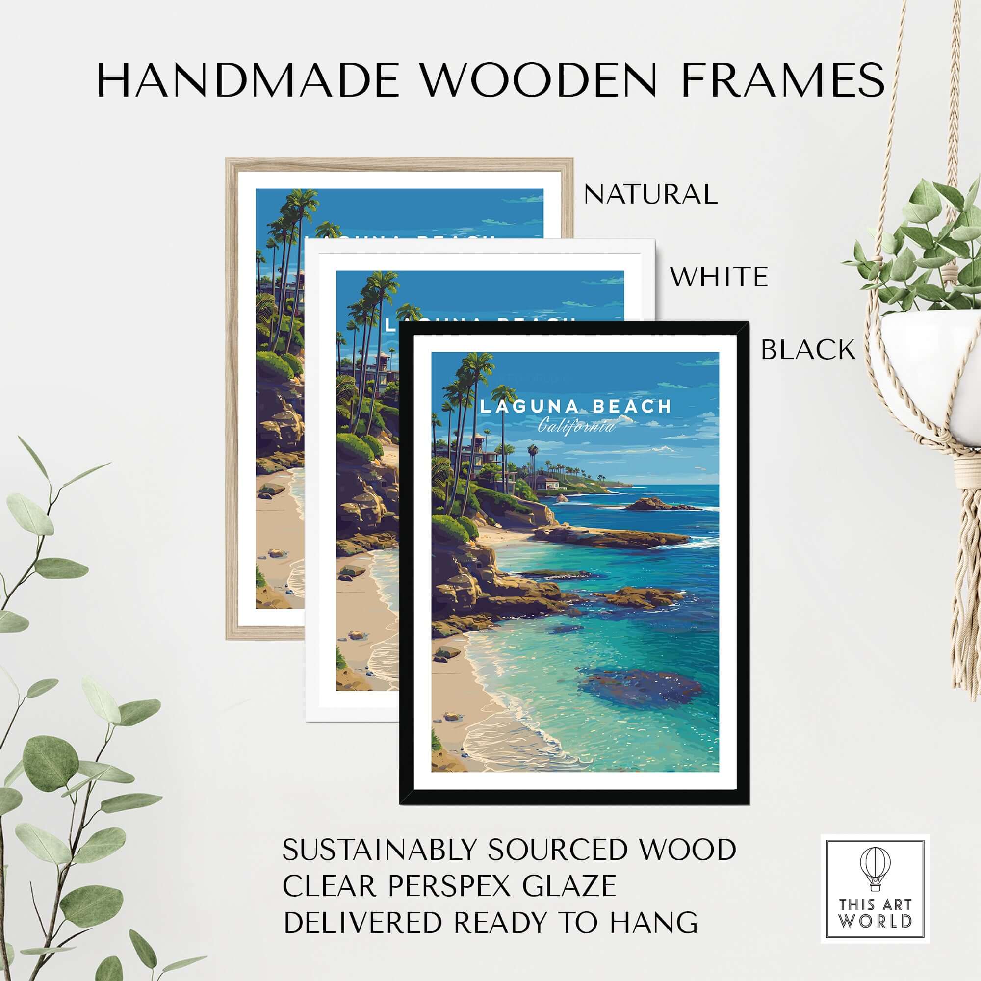 Handmade wooden frames in natural, white, and black styles for Laguna Beach Print | Southern California Wall Art.