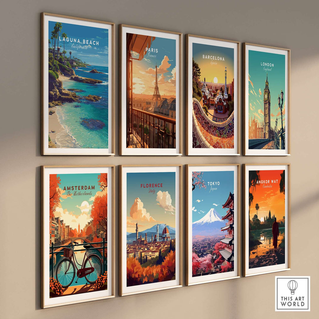 Laguna Beach Print | Southern California Wall Art featured among various city prints on a gallery wall.