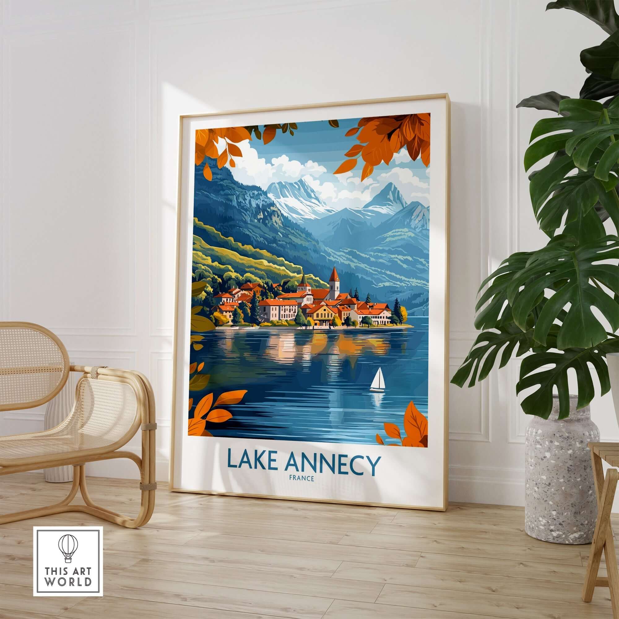 Lake Annecy Travel Poster France showcasing vibrant scenery and serene shores of Lake Annecy in a stylish room decor.