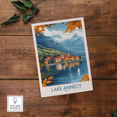 Lake Annecy Travel Poster France featuring vibrant scenery and serene shores of Lake Annecy.