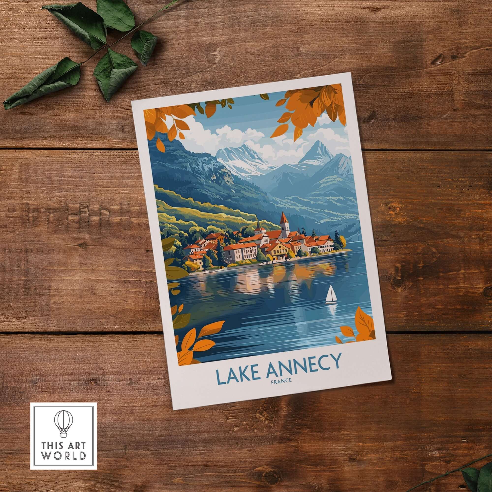 Lake Annecy Travel Poster France featuring vibrant scenery and serene shores of Lake Annecy.