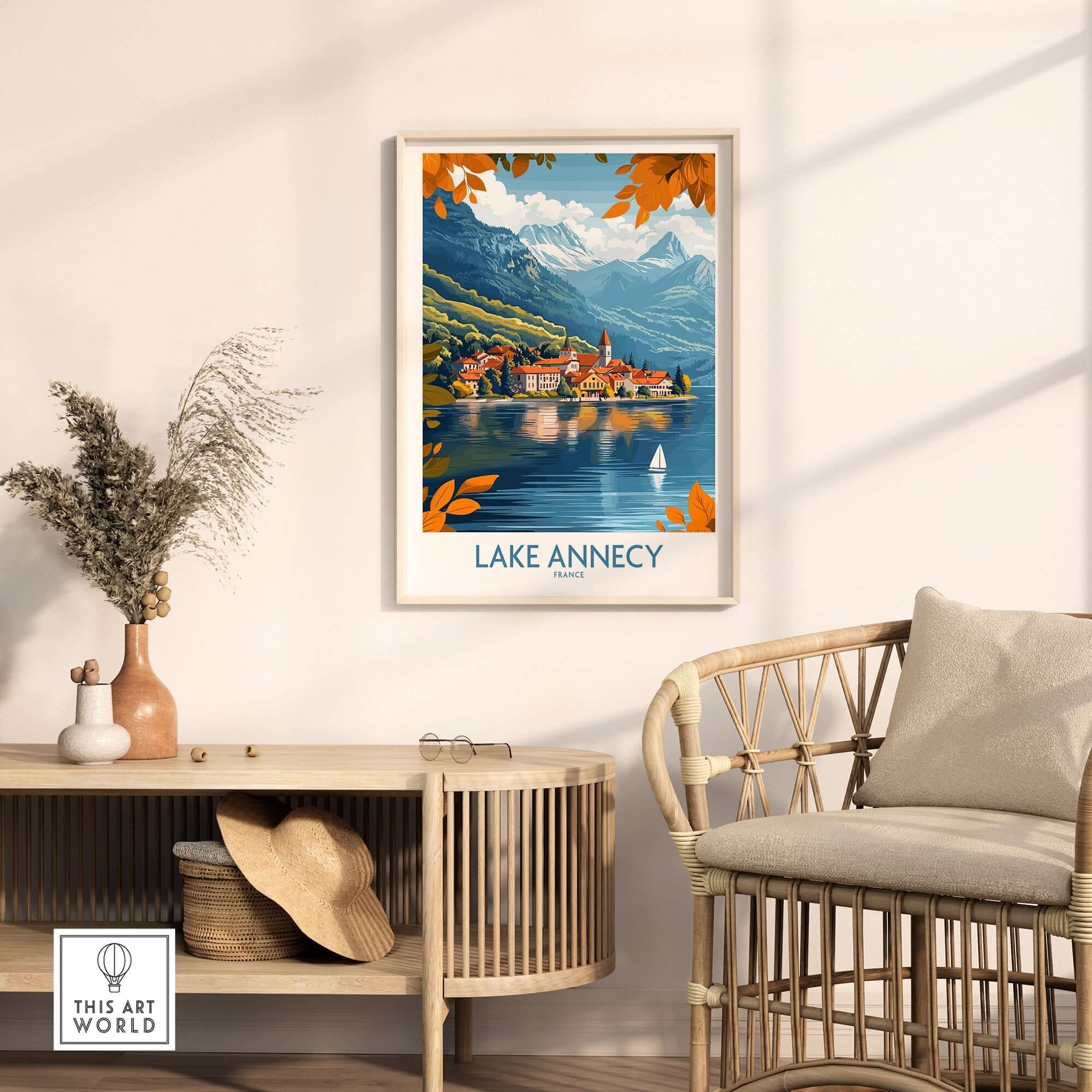 Lake Annecy Travel Poster France displayed in a stylish living room with vibrant colors and serene lake scenery.