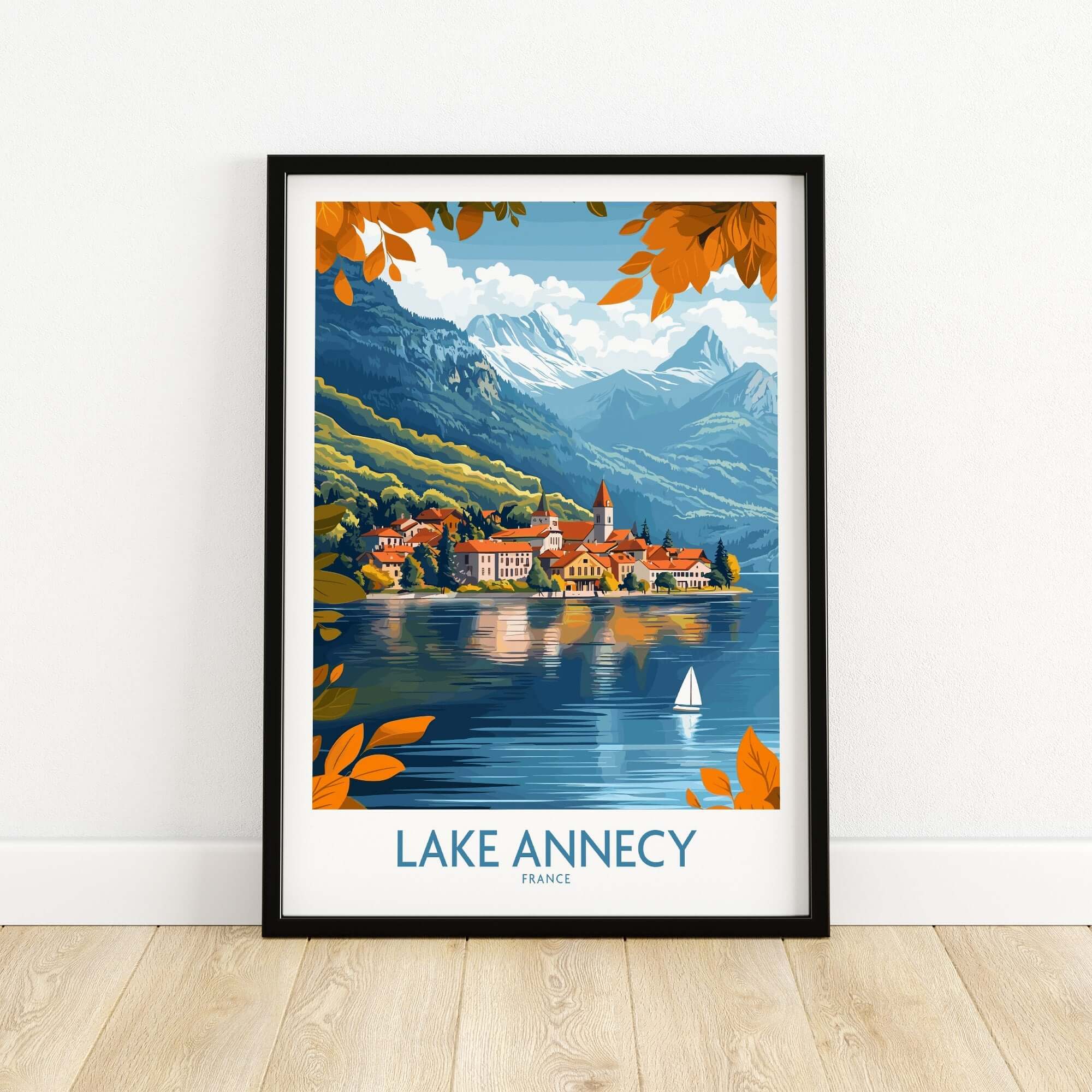 Lake Annecy Travel Poster France showcasing vibrant scenery and serene shores of Lake Annecy.