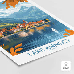Lake Annecy Travel Poster France featuring vibrant colors and stunning scenery of Lake Annecy in France.