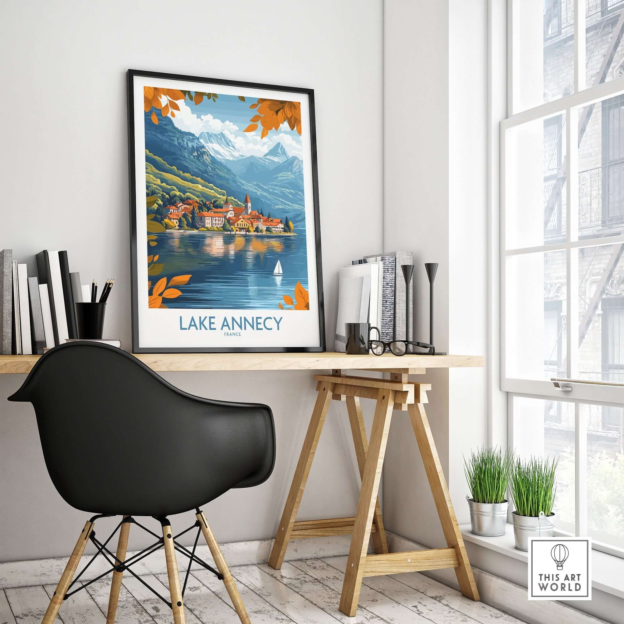 Lake Annecy Travel Poster France displayed in a stylish home office with modern decor.
