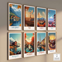 Lake Annecy Travel Poster France showcasing beautiful artwork of Lake Annecy and other iconic cities like Paris and Tokyo.