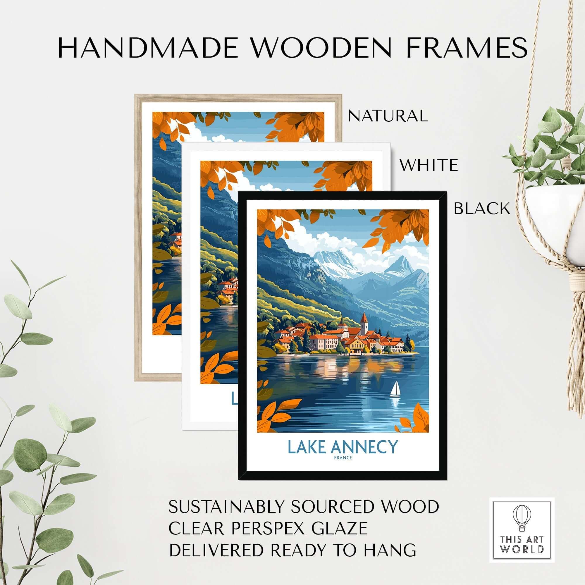 Handmade wooden frames displaying Lake Annecy Travel Poster France in natural, white and black options.