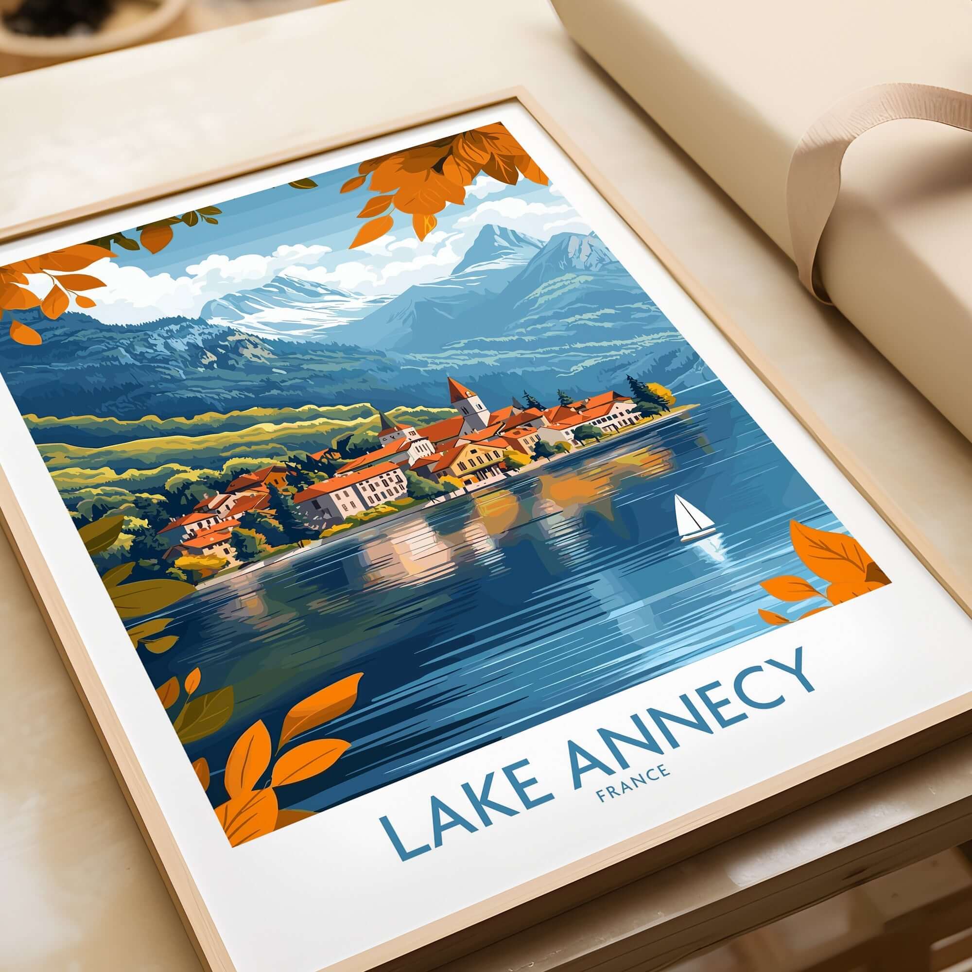 Lake Annecy Travel Poster France featuring vibrant colors and stunning scenery of Lake Annecy.