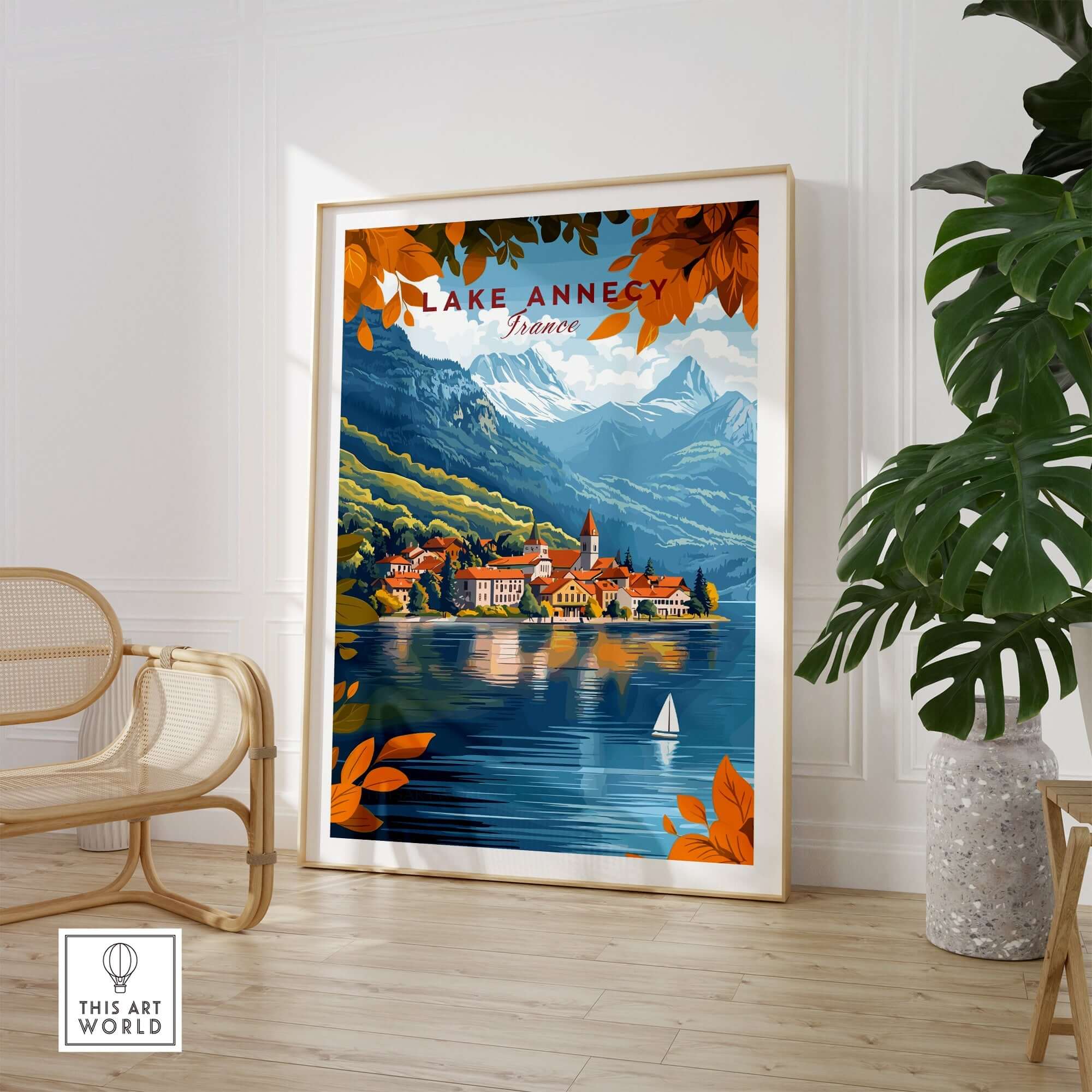 Lake Annecy Travel Print France showcasing the beauty of Lake Annecy in vibrant colors, perfect for travel enthusiasts.