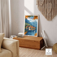 Lake Annecy Travel Print France in a cozy home setting with vibrant colors and detailed design.