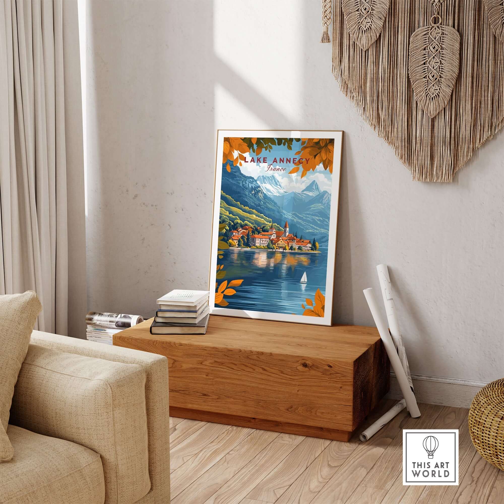 Lake Annecy Travel Print France in a cozy home setting with vibrant colors and detailed design.