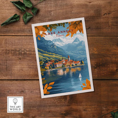 Lake Annecy Travel Print France showcasing vibrant colors and stunning design of Lake Annecy.