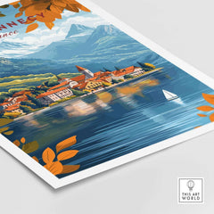 Lake Annecy Travel Print France showcasing vibrant colors and detailed design of the picturesque lake and mountain scenery.