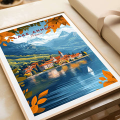 Lake Annecy Travel Print France showcasing vibrant colors and a picturesque scene of the iconic French lake.