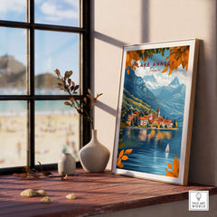 Lake Annecy Travel Print France displayed in a cozy interior with vibrant colors and scenic lake view.