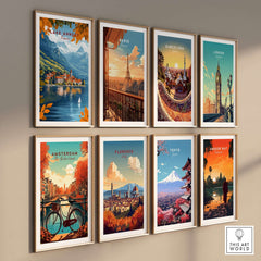 Lake Annecy Travel Print France showcased among other travel prints in an art display.