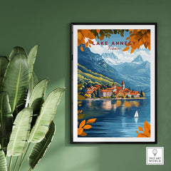 Lake Annecy Travel Print France showcasing vibrant colors and scenic beauty of Lake Annecy in a framed art print.
