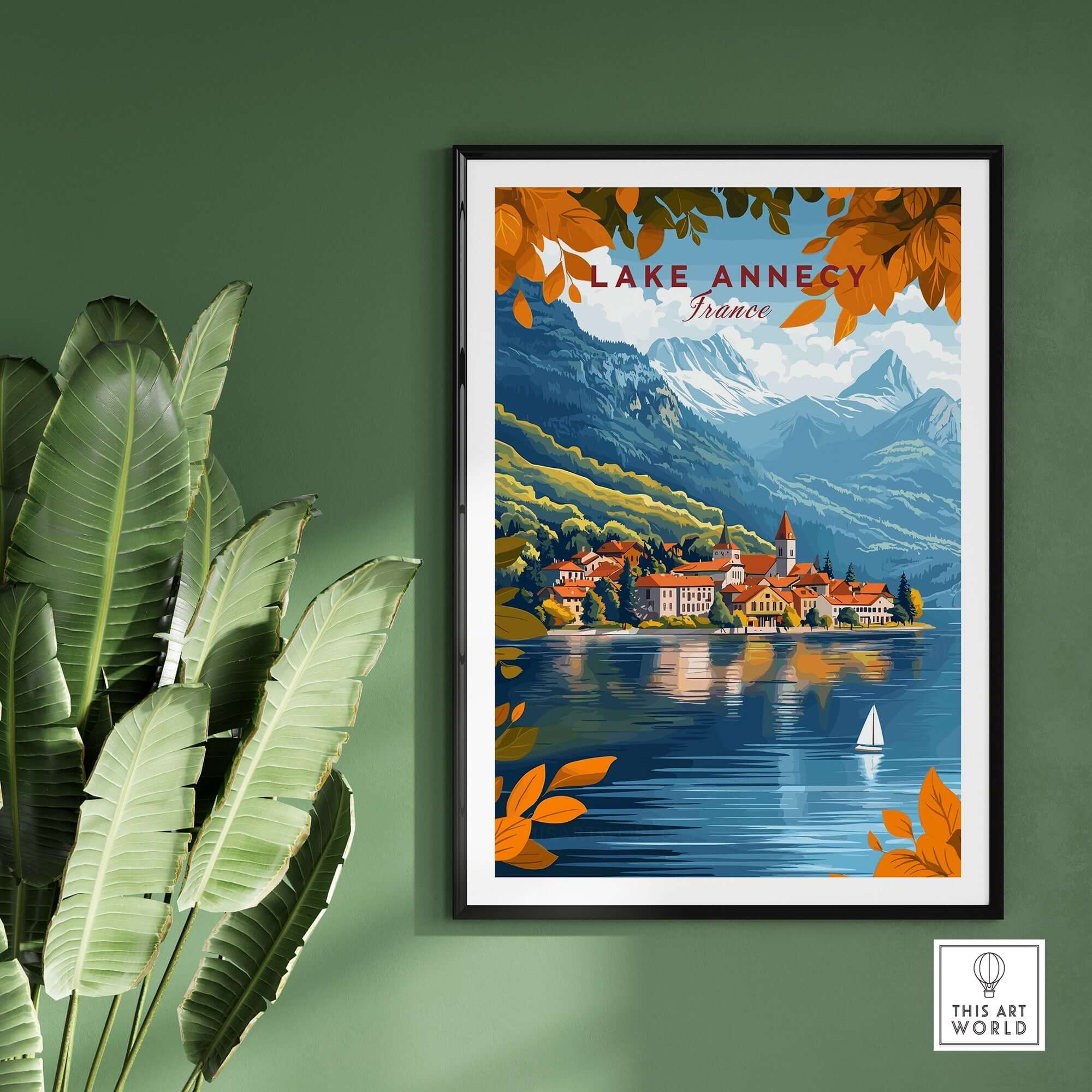 Lake Annecy Travel Print France showcasing vibrant colors and scenic beauty of Lake Annecy in a framed art print.