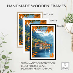 Handmade wooden frames for Lake Annecy Travel Print France in natural, white, and black finishes.