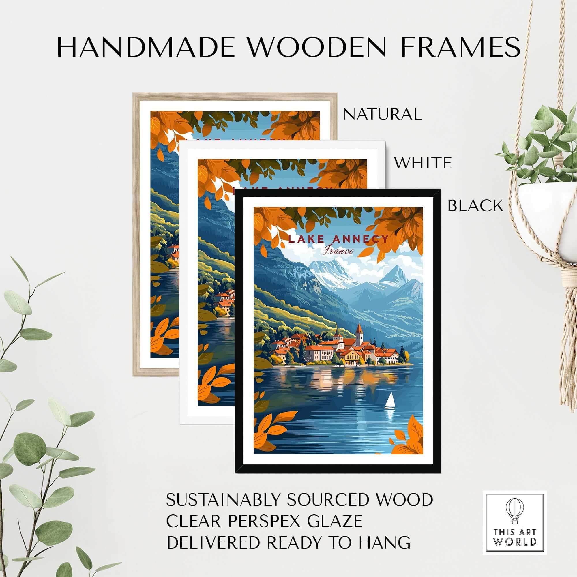 Handmade wooden frames for Lake Annecy Travel Print France in natural, white, and black finishes.