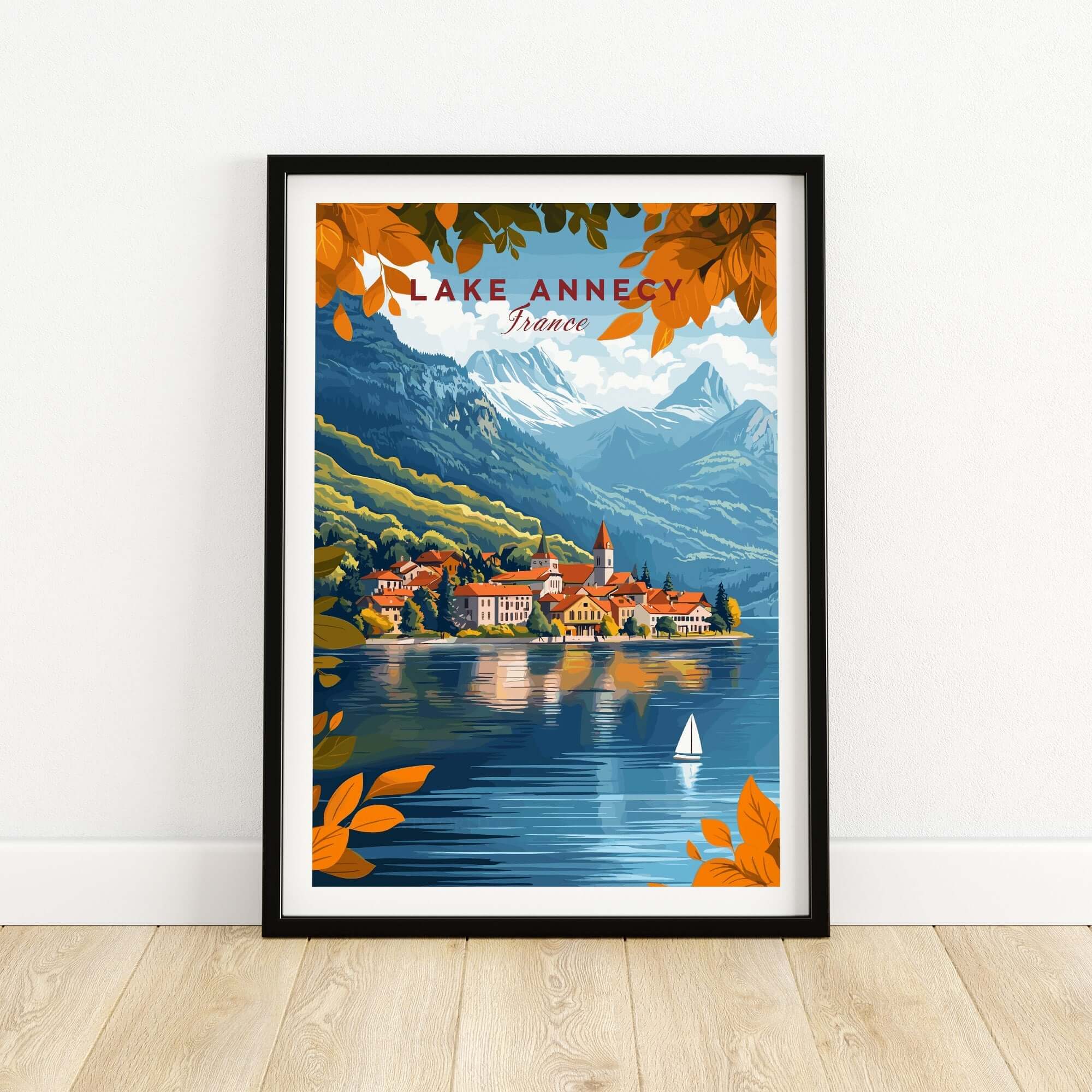 Lake Annecy Travel Print France framed artwork showcasing the beauty of Lake Annecy in vibrant colors.