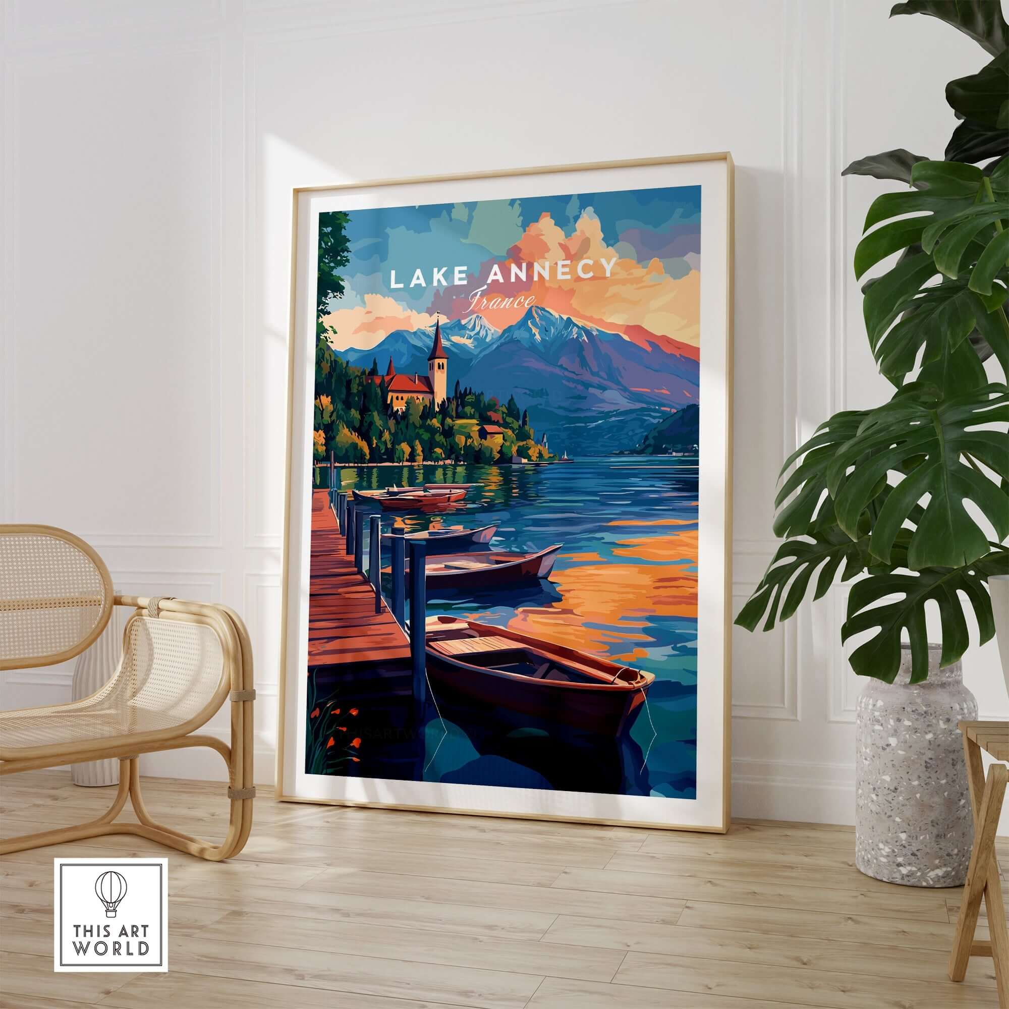 Lake Annecy Wall Art featuring a picturesque view of the serene lake and mountains, perfect for home decor.