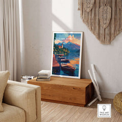 Lake Annecy Wall Art showcasing a beautiful view of serene waters and mountains in a stylish living space.