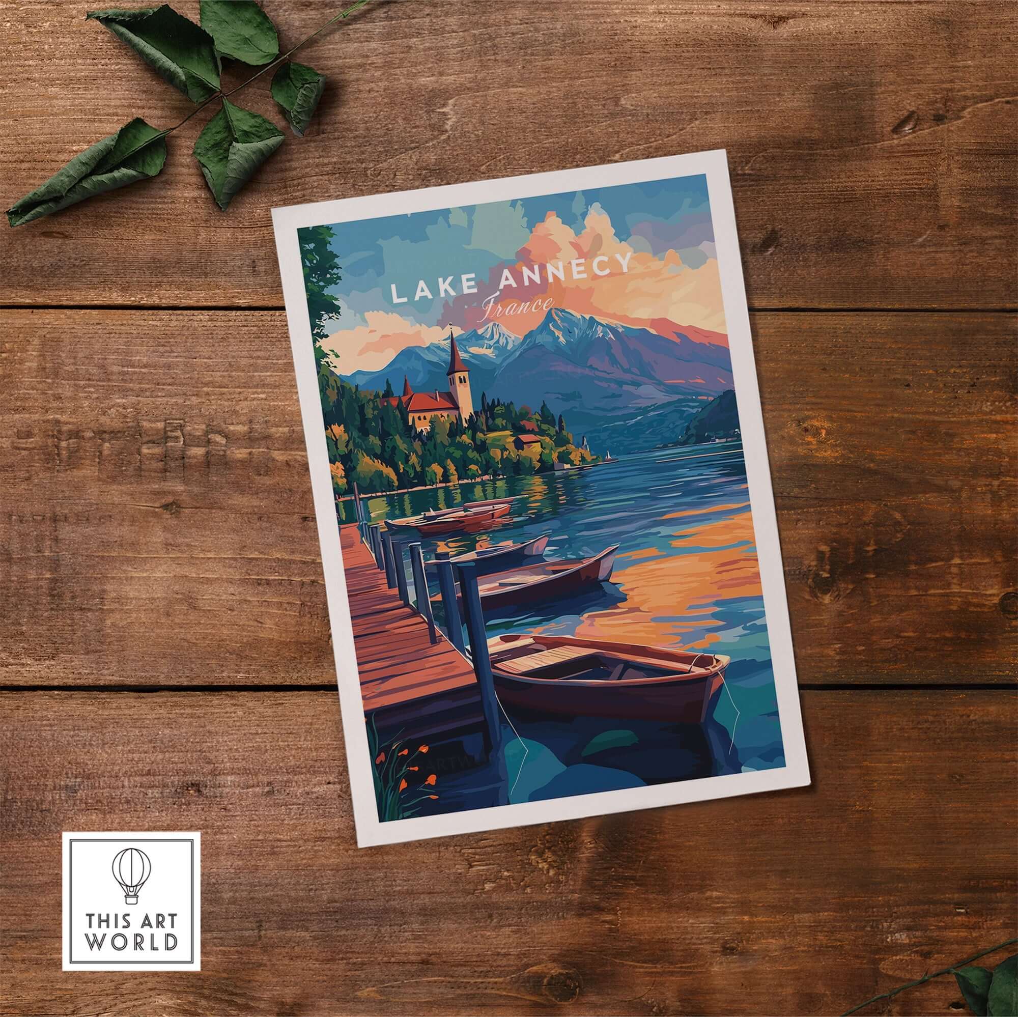 Lake Annecy Wall Art featuring scenic boats and mountains by the lakeside on a wooden table.
