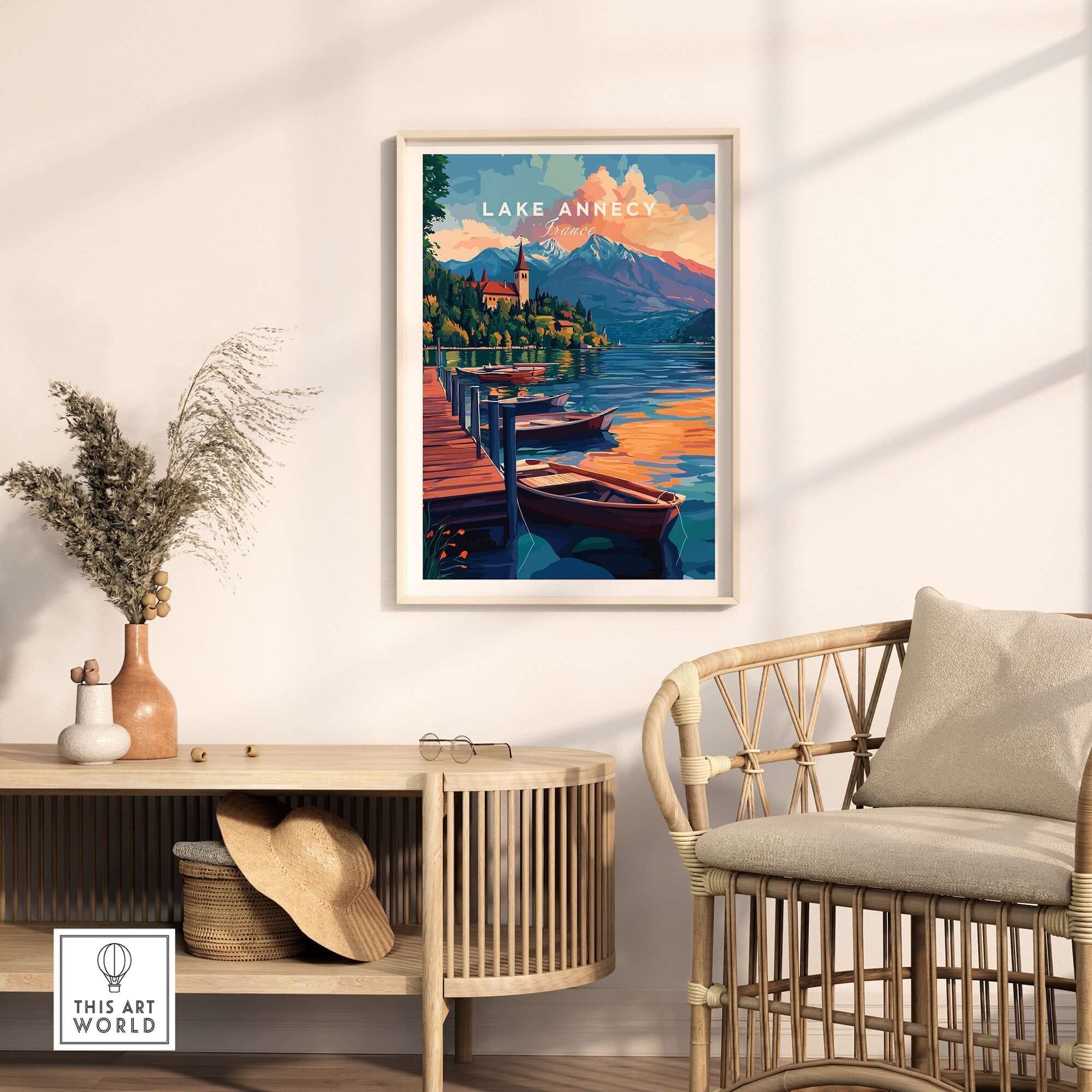 Lake Annecy Wall Art in a serene setting, showcasing the picturesque lake view with boats and mountains.