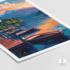 Lake Annecy Wall Art showcasing serene lakeside boats and scenic landscape, perfect for home or office decor.