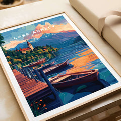 Lake Annecy Wall Art featuring serene waters, picturesque boats, and stunning mountain views in vibrant colors.