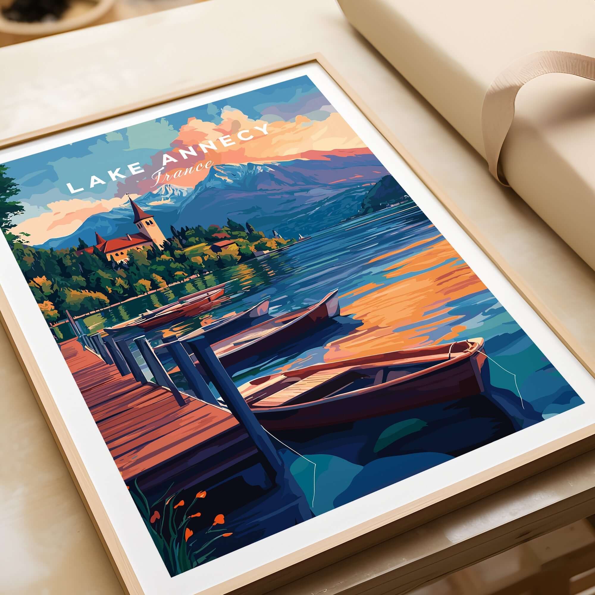Lake Annecy Wall Art featuring serene waters, picturesque boats, and stunning mountain views in vibrant colors.