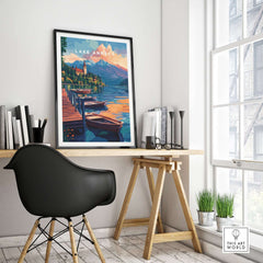 Lake Annecy Wall Art displayed in a modern workspace, showcasing serene lake view and vibrant colors.