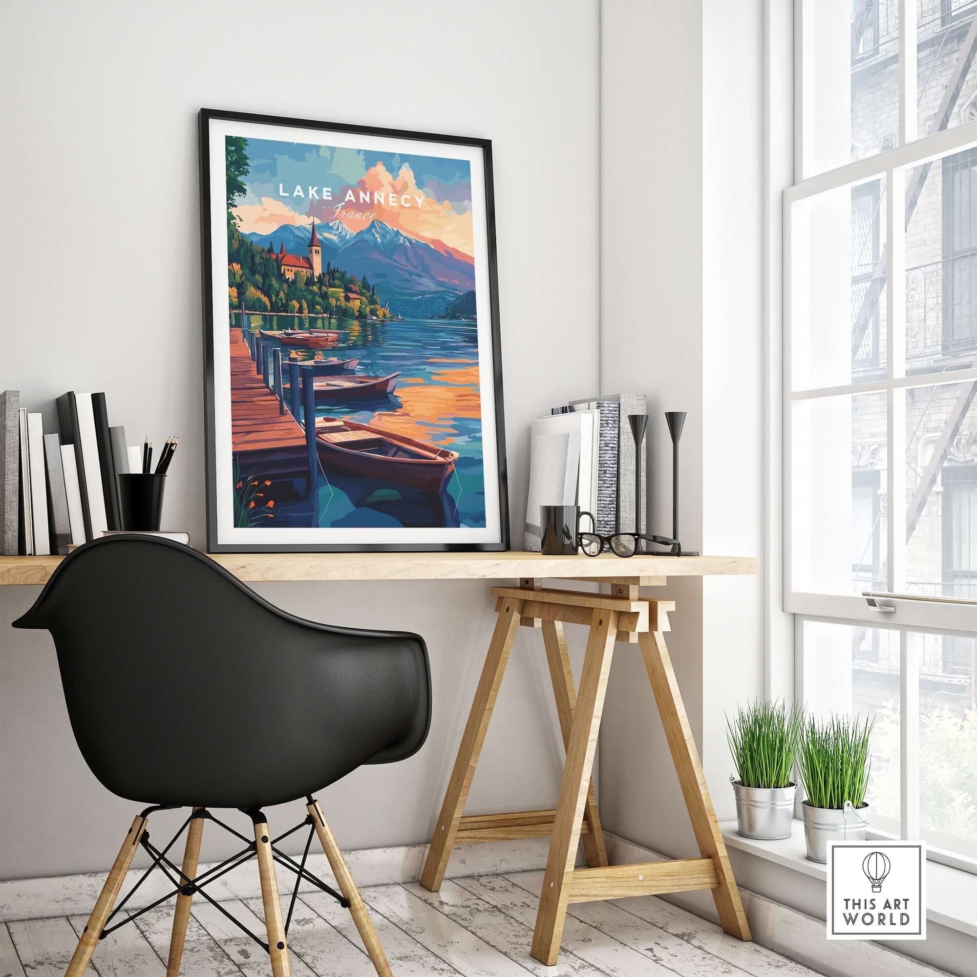 Lake Annecy Wall Art displayed in a modern workspace, showcasing serene lake view and vibrant colors.