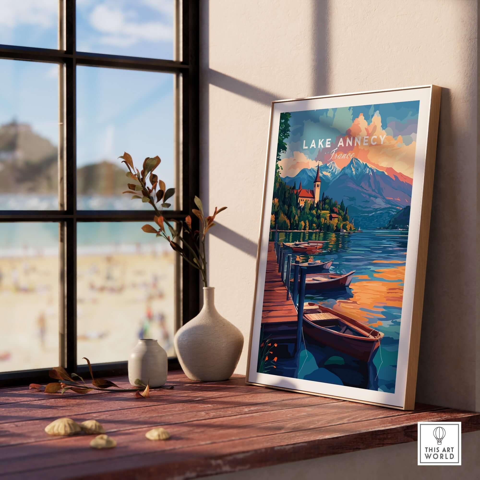 Lake Annecy Wall Art showcasing a stunning view of the lake with boats, bringing nature’s tranquility to your space.
