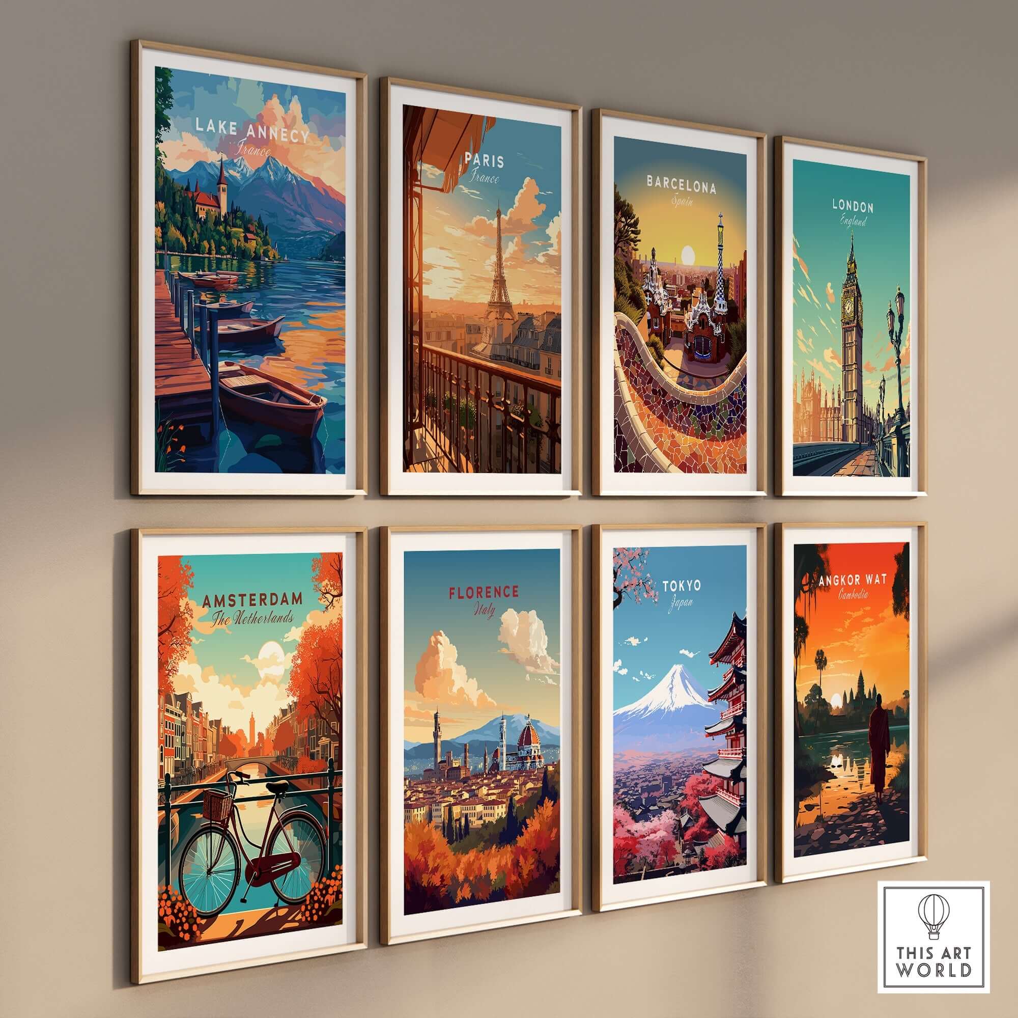 Lake Annecy Wall Art featuring a beautiful view of Lake Annecy among other city artworks on a gallery wall.
