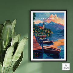 Lake Annecy Wall Art showcasing a beautiful view of the lake, mountains, and boats, ideal for enhancing home decor.