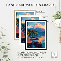 Lake Annecy Wall Art displayed in handmade wooden frames in natural, white, and black colors.