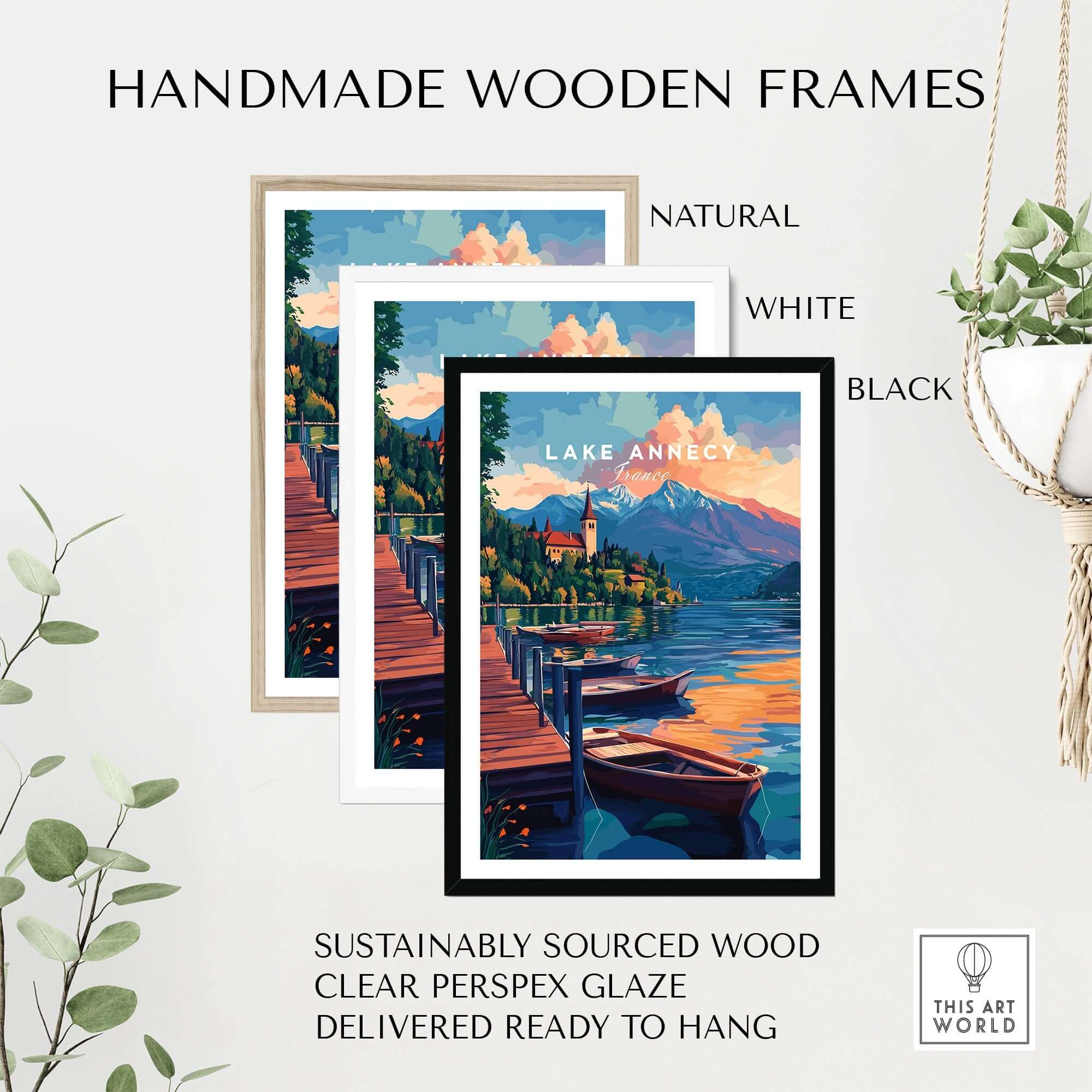 Lake Annecy Wall Art displayed in handmade wooden frames in natural, white, and black colors.