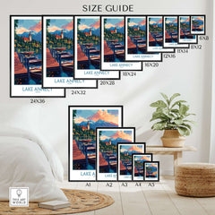 Size guide for Lake Annecy Wall Art Print options displayed in various frame sizes.