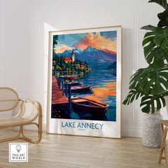 Lake Annecy Wall Art Print featuring vibrant colors of the serene lake and mountains in France.